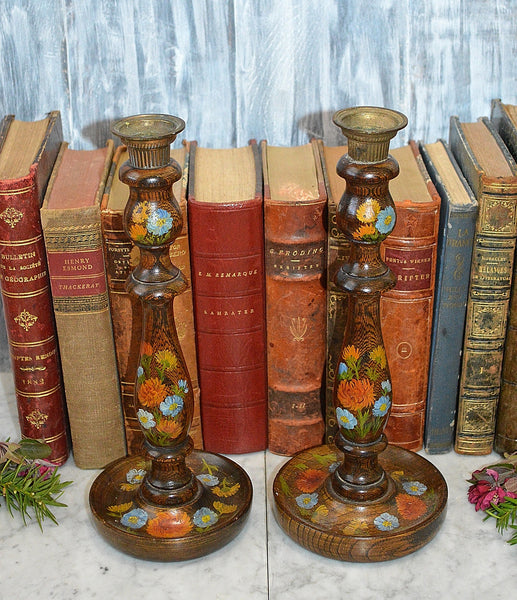 Antique Pair English Turned Wood Candlesticks Oak Candle Holders