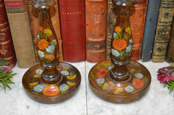 Antique Pair English Turned Wood Candlesticks Oak Candle Holders
