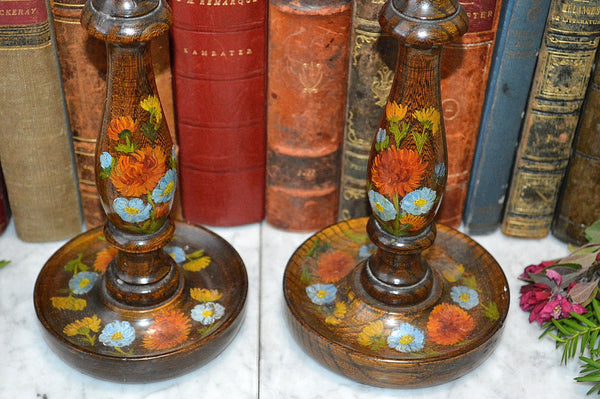 Antique Pair English Turned Wood Candlesticks Oak Candle Holders