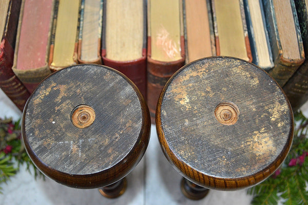 Antique Pair English Turned Wood Candlesticks Oak Candle Holders