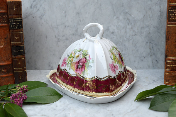 Antique RW Bavaria Covered Cheese Dome Porcelain Floral Transferware