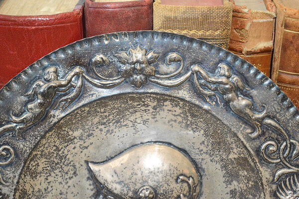 Antique Silver Plated Repousse Knight Cherubs Gargoyles Tray French