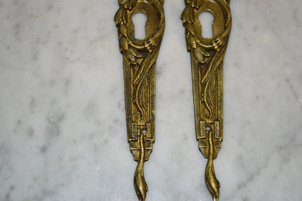 Antique Pair French Lion Head Bronze Ormolu Escutcheons Vertical Keyholes