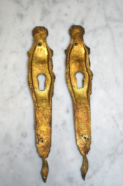 Antique Pair French Lion Head Bronze Ormolu Escutcheons Vertical Keyholes