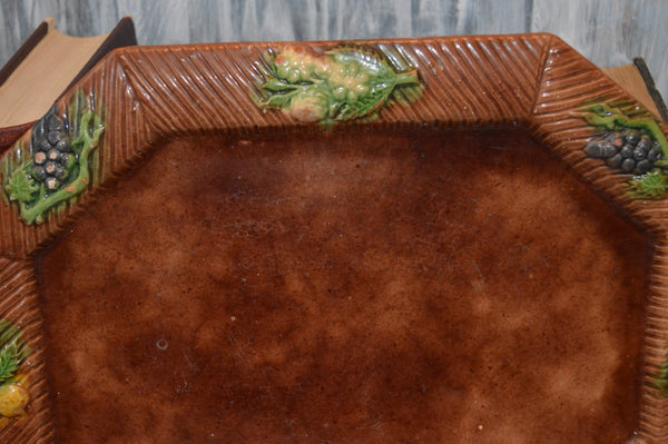 Antique Majolica Large Tray Platter Brown Fruit Motif Grapes and Lemons