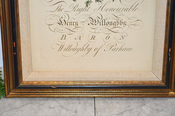 Antique Heraldic Crest Framed English Art Copper Engraving Hand Colored