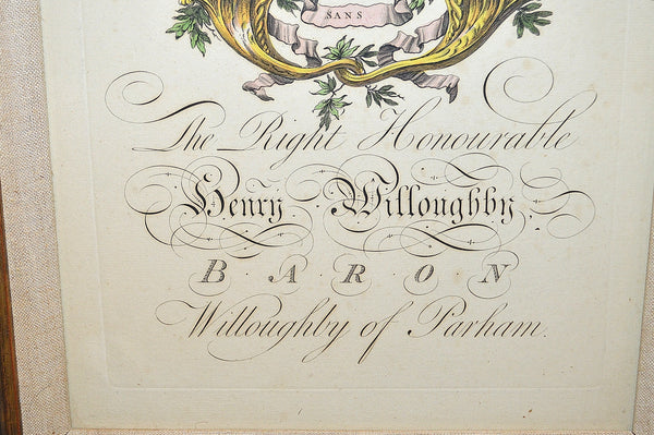 Antique Heraldic Crest Framed English Art Copper Engraving Hand Colored