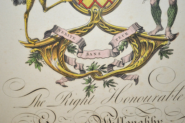 Antique Heraldic Crest Framed English Art Copper Engraving Hand Colored