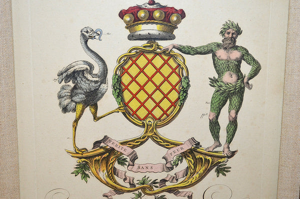 Antique Heraldic Crest Framed English Art Copper Engraving Hand Colored