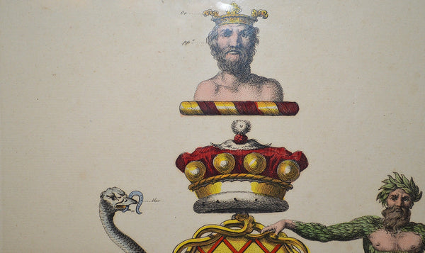 Antique Heraldic Crest Framed English Art Copper Engraving Hand Colored