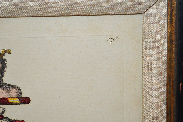 Antique Heraldic Crest Framed English Art Copper Engraving Hand Colored