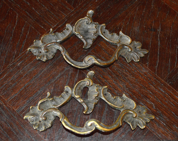 Antique Pair French Handles Pulls Brass Escutcheon Keyhole Hardware - Antique Flea Finds - 1