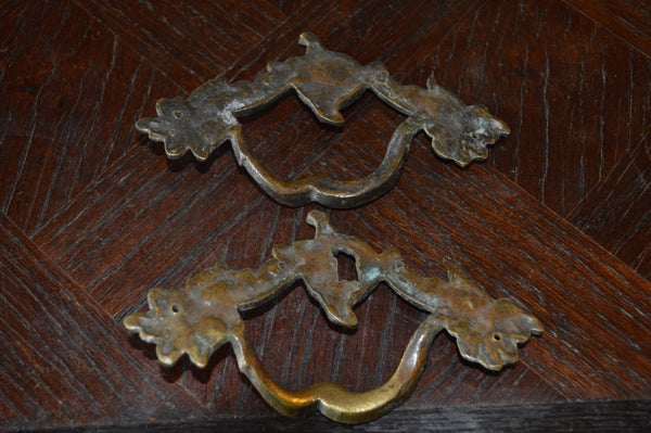 Antique Pair French Handles Pulls Brass Escutcheon Keyhole Hardware - Antique Flea Finds - 3
