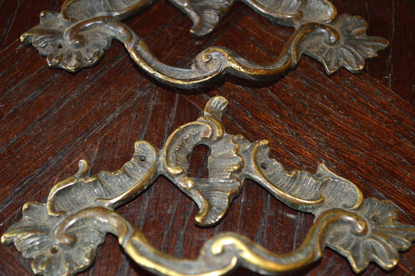 Antique Pair French Handles Pulls Brass Escutcheon Keyhole Hardware - Antique Flea Finds - 2