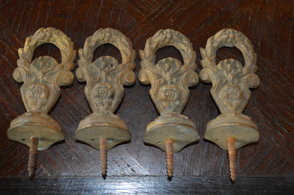 Antique Pair French Finialls Bronze Drapery Post Hardware Wreath Design - Antique Flea Finds - 2