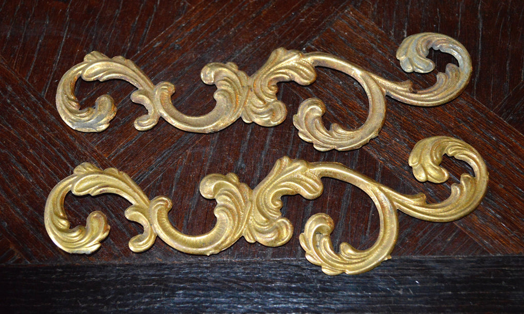 Antique Pair French Trim Mounts Acanthus Swirl Design Hardware - Antique Flea Finds - 1