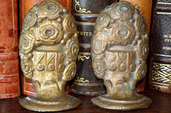 Antique Pair French Drapery Finials Hardware Ornate Bronze Floral Design - Antique Flea Finds - 2