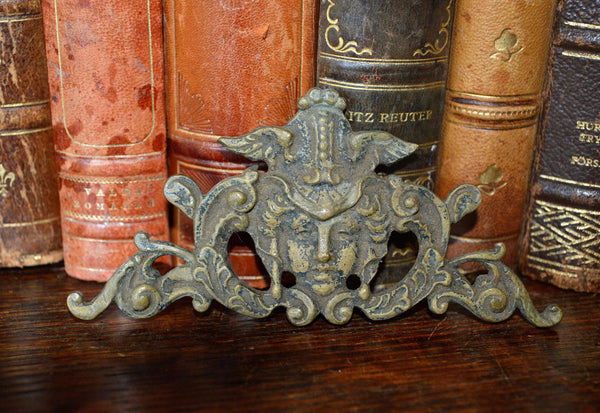 Antique French Gothic Figural Female Pediment Mount Bronze Hardware - Antique Flea Finds - 1