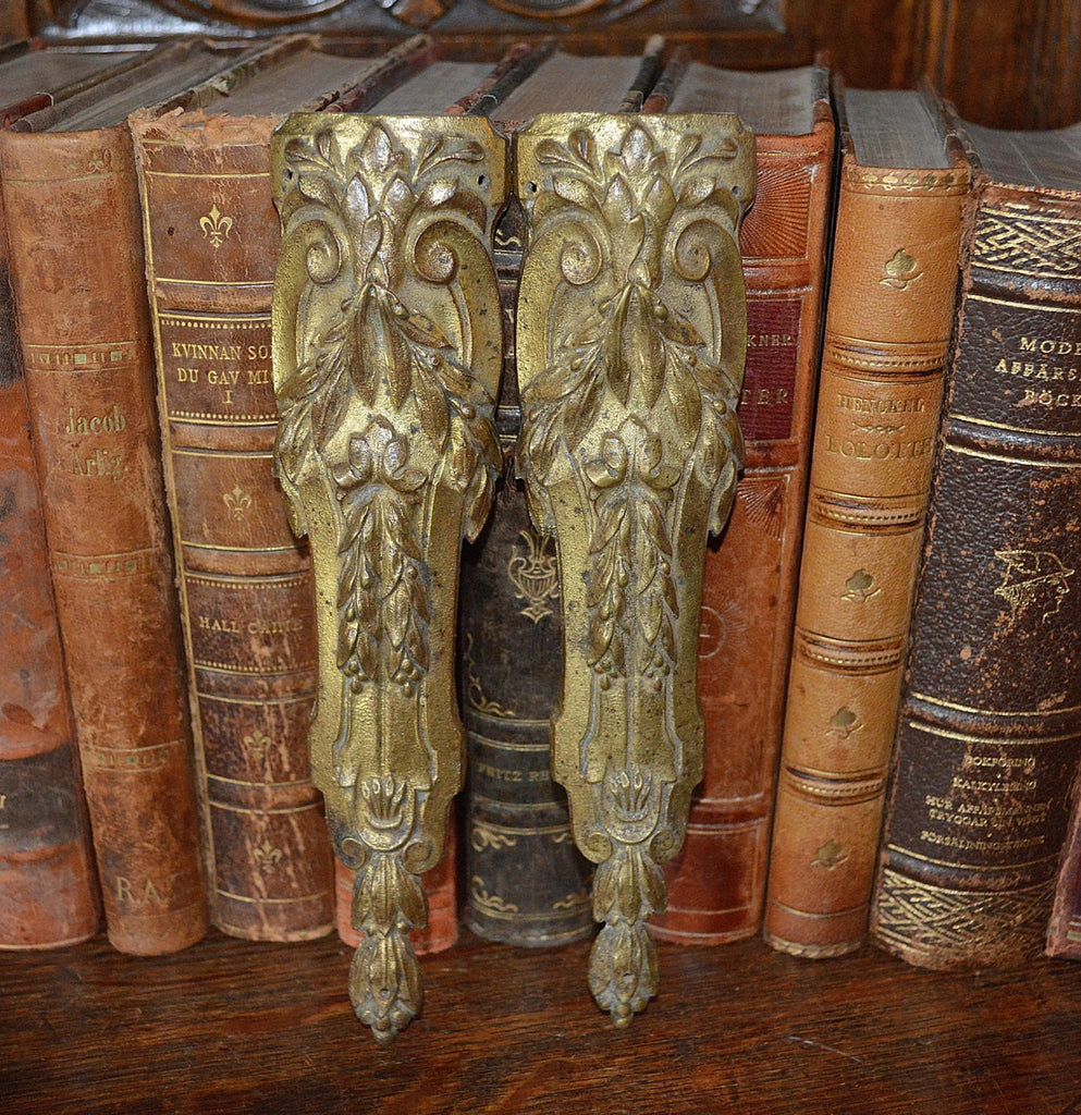 Antique Pair French Pediments Bronze Ormolu Mounts Laurel Swag Design - Antique Flea Finds - 1