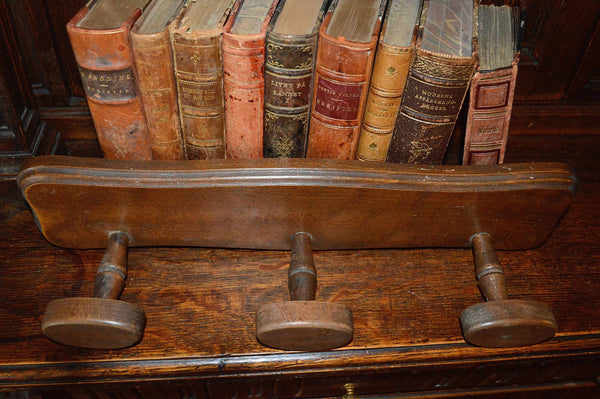 Antique Wall Hook English Oak Wood 3 Peg Triple Hardware Coat Robe Rack - Antique Flea Finds - 4
