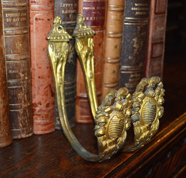 Antique Pair French Heavy Gilded Bronze Drapery Tie Backs Hooks Hardware Ornate Bow Floral Design - Antique Flea Finds - 2