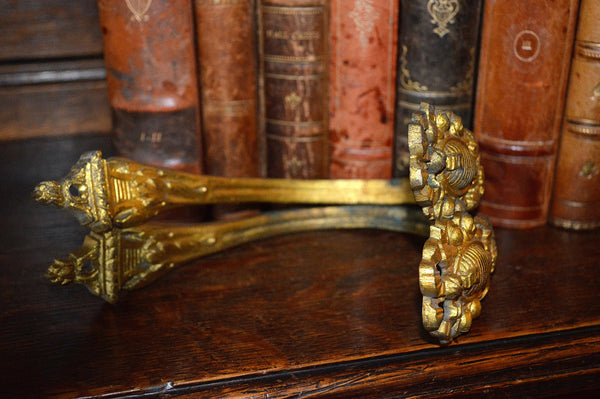 Antique Pair French Heavy Gilded Bronze Drapery Tie Backs Hooks Hardware Ornate Bow Floral Design - Antique Flea Finds - 4