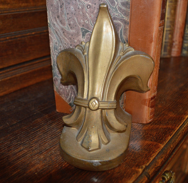 Vintage Pair Book Ends Heavy Brass Finish Fleur de Lis Bookends - Antique Flea Finds - 2