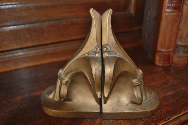 Vintage Pair Book Ends Heavy Brass Finish Fleur de Lis Bookends - Antique Flea Finds - 4