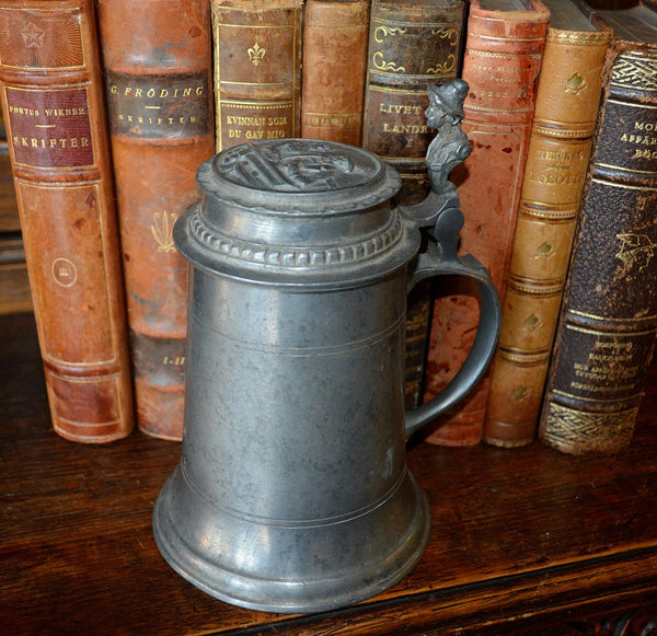 Antique German Pewter Stein Lidded With Relief Design & Figural Handle - Antique Flea Finds - 2