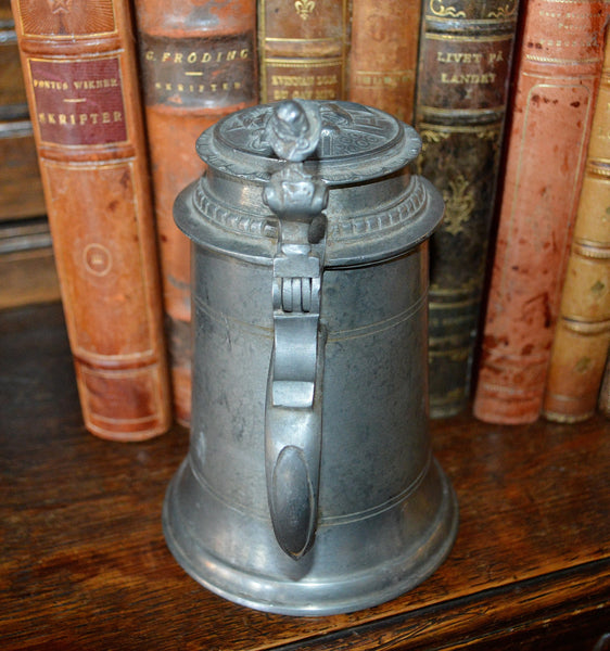 Antique German Pewter Stein Lidded With Relief Design & Figural Handle - Antique Flea Finds - 3