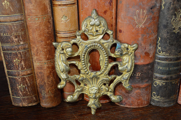 Antique Large French Bronze Mythological Fish Gargoyle Gothic Keyhole Escutcheon Hardware 2 Available - Antique Flea Finds - 1