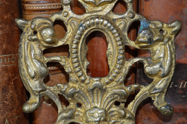 Antique Large French Bronze Mythological Fish Gargoyle Gothic Keyhole Escutcheon Hardware 2 Available - Antique Flea Finds - 4