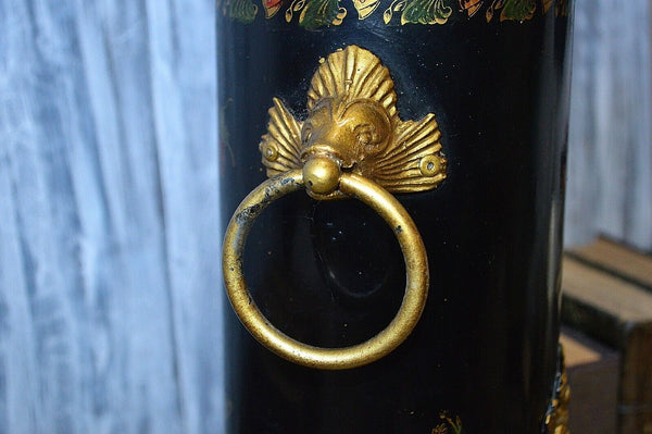 Vintage Faux Samovar Black Tole Chinoiserie Gilt Painted Dolphin Fish  Lion Paw