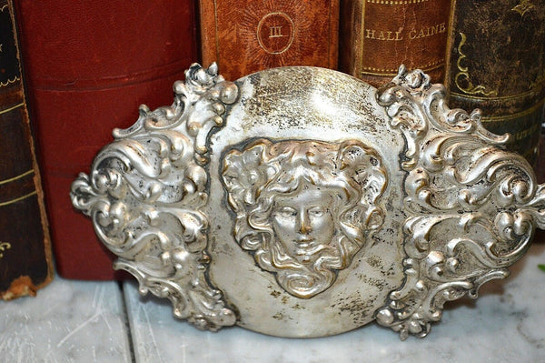 Antique Female Buckle Silver Plated Art Nouveau Figural Face