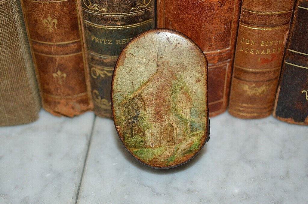 Antique Gutta Percha Small Lidded Box with Church Scene on the Lid