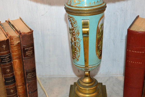 Antique French Turquoise Blue Porcelain Sevres Style Lamp Hunt Scene Couple