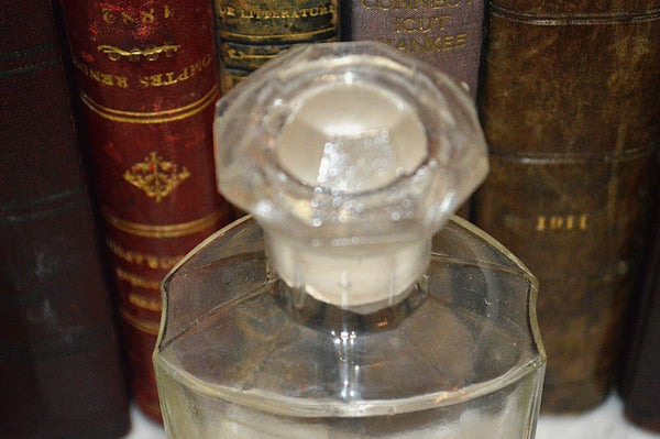 Antique French Apothecary Faceted Glass Bottle Stopper Painted Label Camphorat