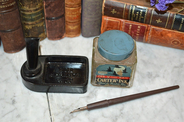 Vintage Carter's Ink Bottle Junior Cube and Pen Ink Stand 816 Blue Black