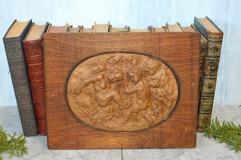 Antique German Cherubs Stucco Relief Panel Plaque Wood Framed Signed Steiner