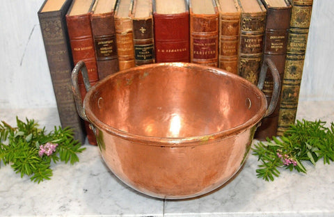 Antique Heavy Copper French Mixing Whisking Bowl Cul de Poule Rolled Edges