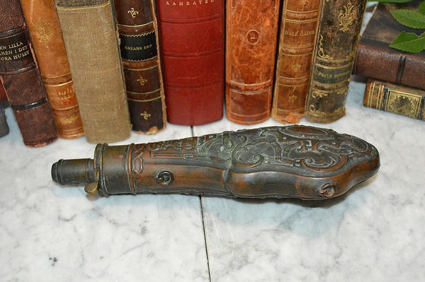 Antique English Sheffield Copper Brass Powder Flask G & JW Hawksley Violin Shape