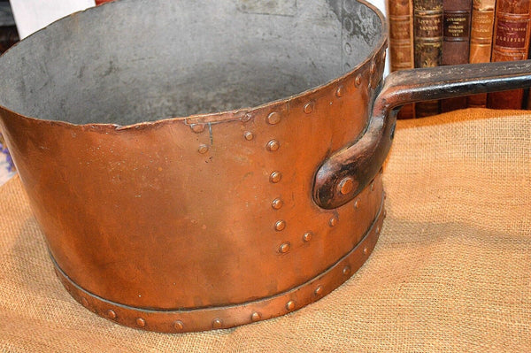 Antique Huge Copper Iron Riveted Pot Pan Wrought Iron Range Dovetailed 17lbs 14"