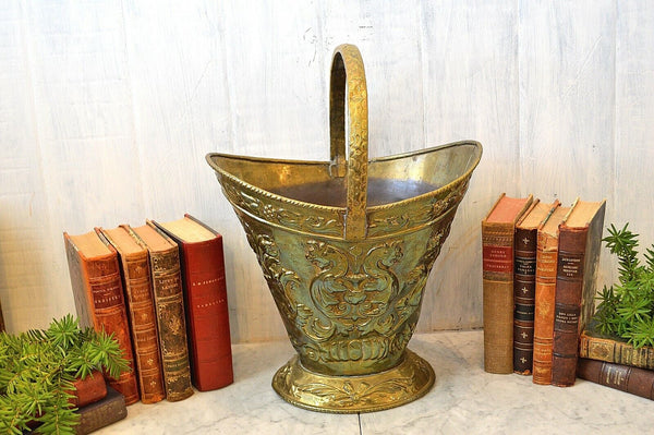 Antique Victorian Embossed Griffins Gargoyles Brass Coal Log Kindling Bucket