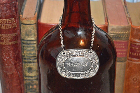 Vintage English Decanter Label Silverplated Brandy Bottle Bar Silver Plate Tag