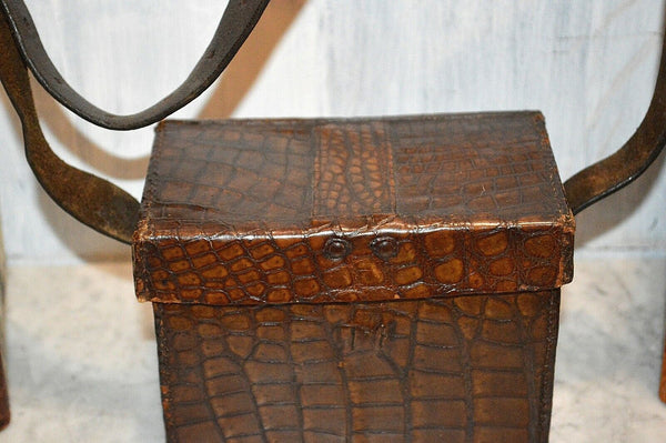 Antique English Embossed Croc Leather Hunting Travel Case Bag  Box With Strap