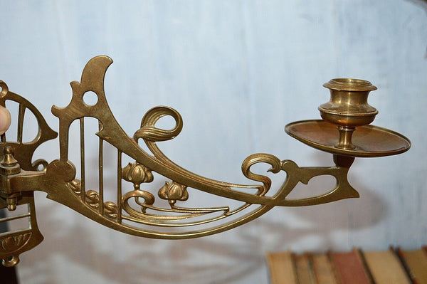 Antique Pair French Brass Art Nouveau Swinging Arm Piano Candle Holder Sconces