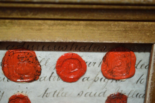 Antique English Gilt Frame Red Wax Seals Intaglios on Indentured Land Agreement