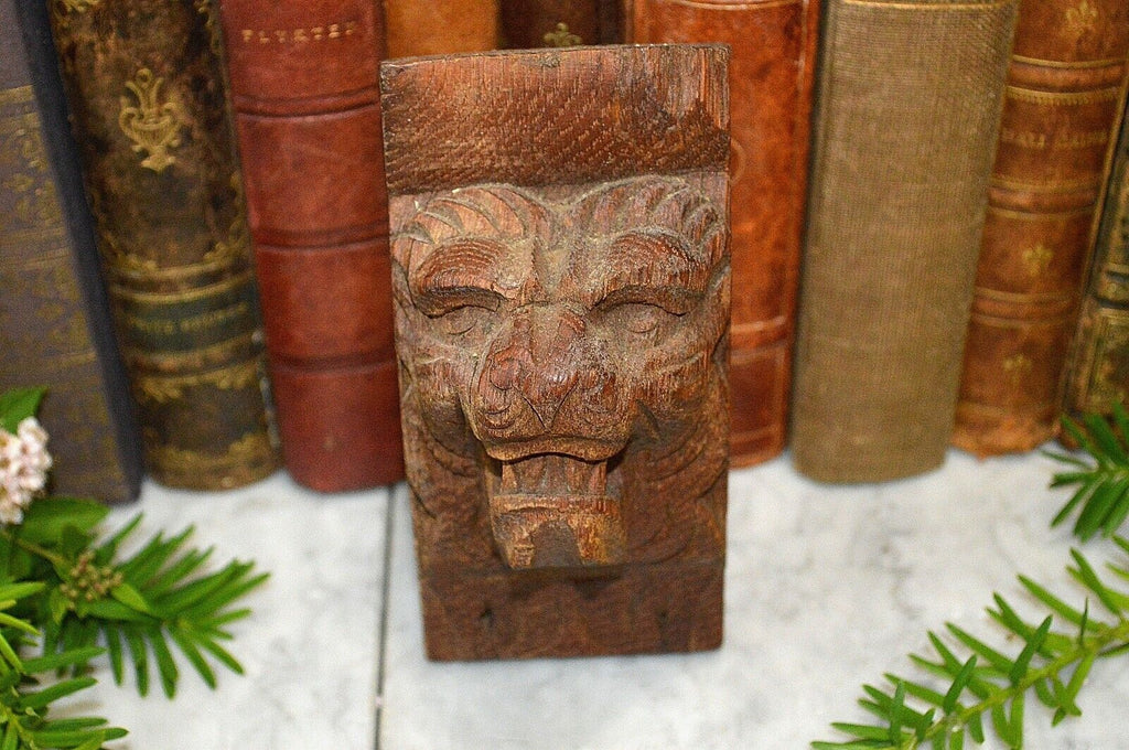 Antique German Black Forest Carved Wood Lion Head Corbel Bracket