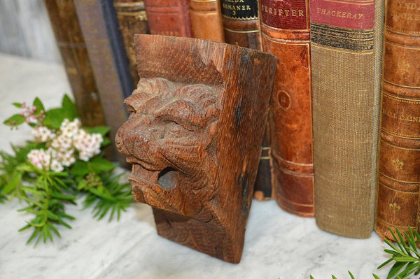 Antique German Black Forest Carved Wood Lion Head Corbel Bracket