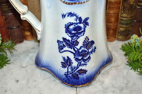 Antique English Flow Blue Large Water Pitcher Floral Pattern Gilt